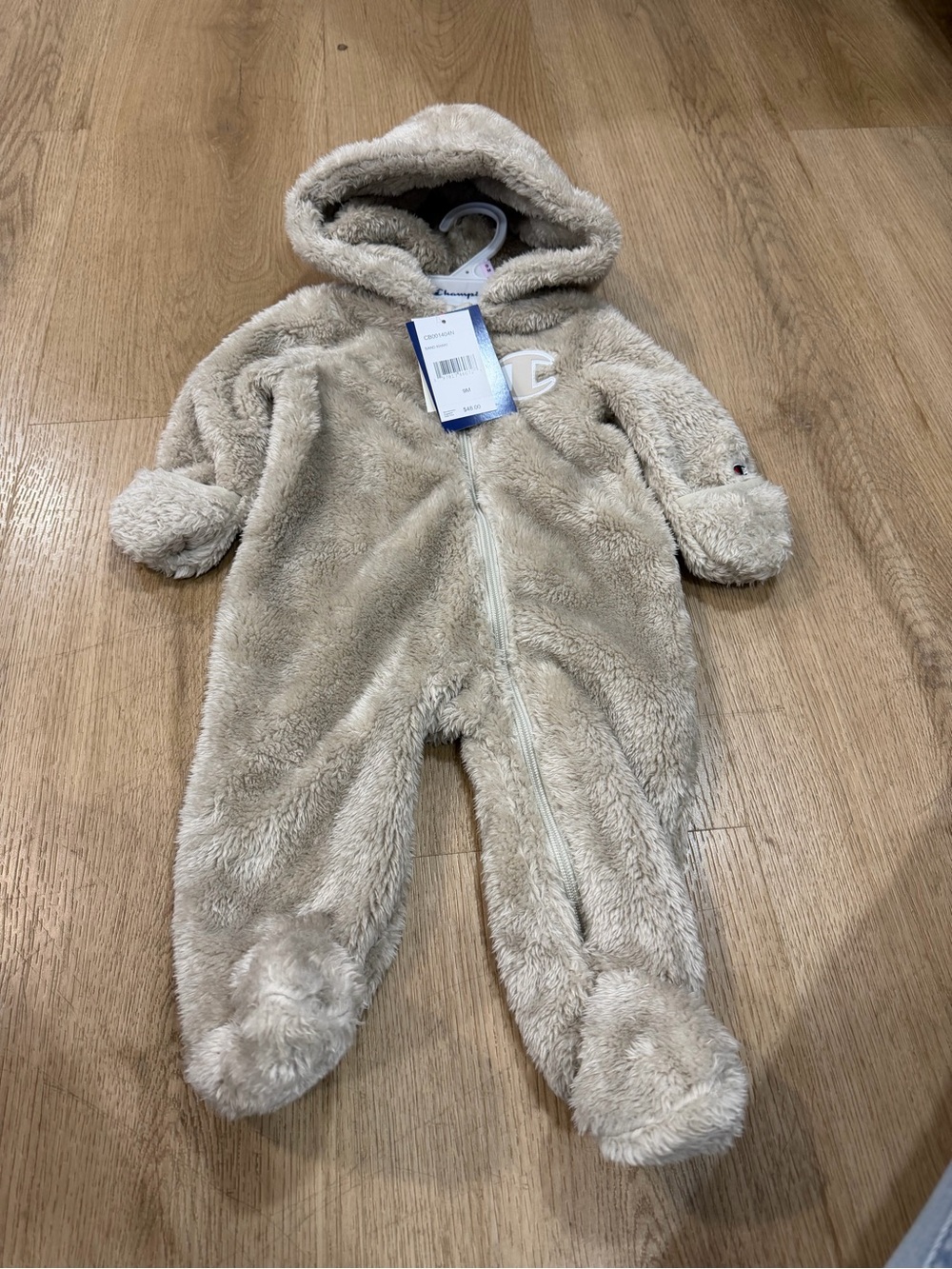 Champion Cozy Plush Hooded One-Piece Romper in Light Beige 9M